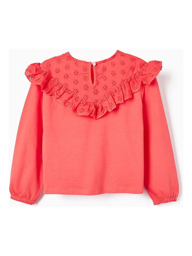 T shirt à manches longues avec volants et broderie anglaise pour fille manches longues SPRING BEGINS Rose