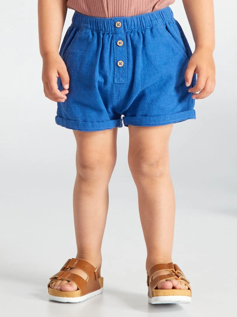 Short uni en coton et en lin Bleu
