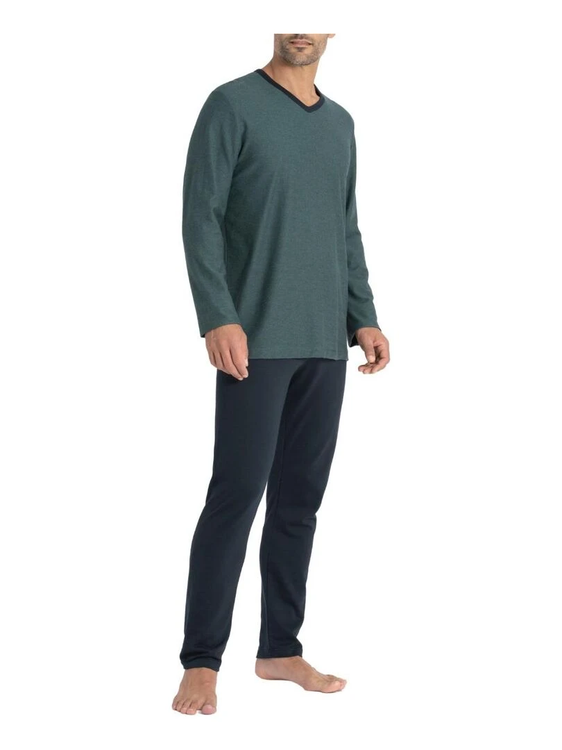 Pyjama long cardé 100% coton à micro motif jacquard Zen Vert