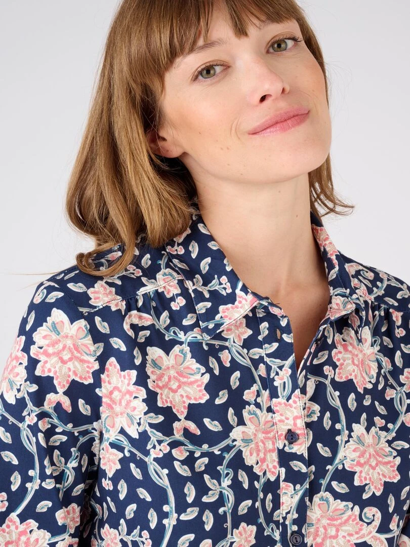 Chemisier fleuri maille chaude Damart Bleu marine