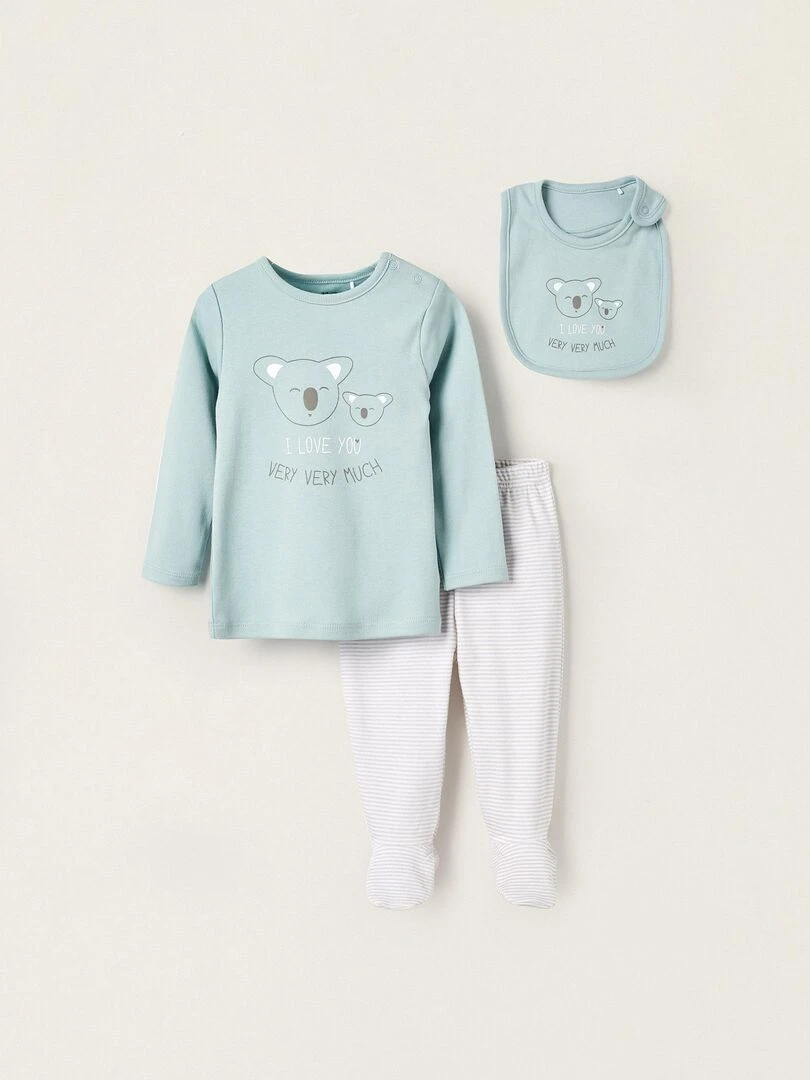 Bavoir + T shirt + Pantalon pour Bébé Fille 'I Love You' LITTLE LOVE NOTES Bleu clair