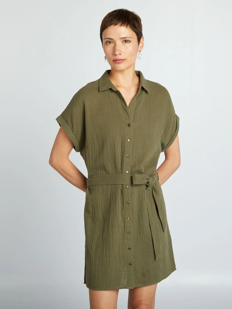 Robe courte forme chemise en double gaze de coton   Kaki