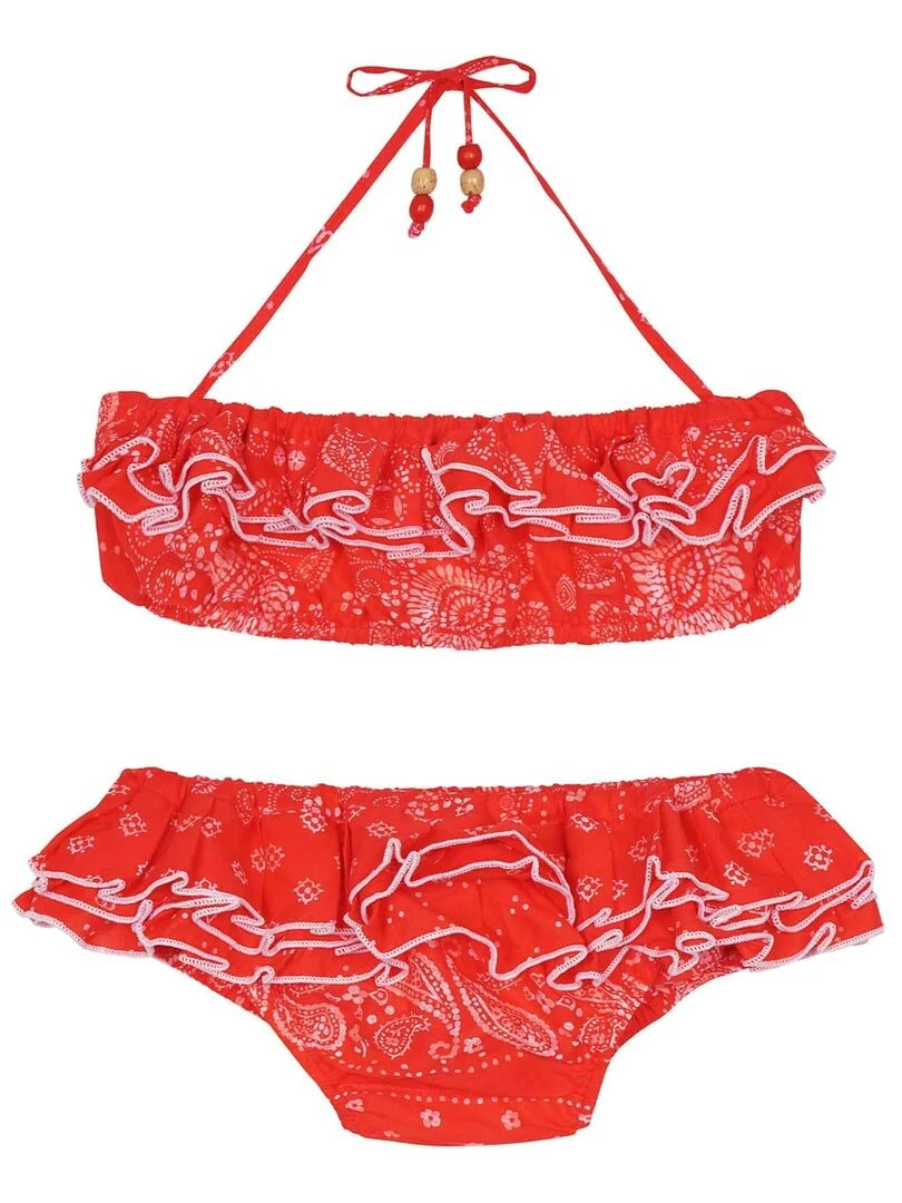 Maillot de Bain 2 pièces à Volants Fille Cachemire Rouge SWAN 'LA FAUTE A VOLTAIRE' Blanc Rouge