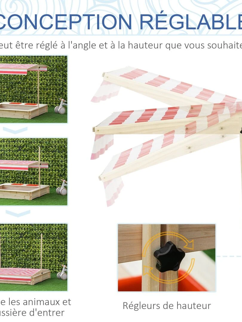 Bac à sable carré   hauteur  inclinaison toit réglables   sapin autoclave   Rouge