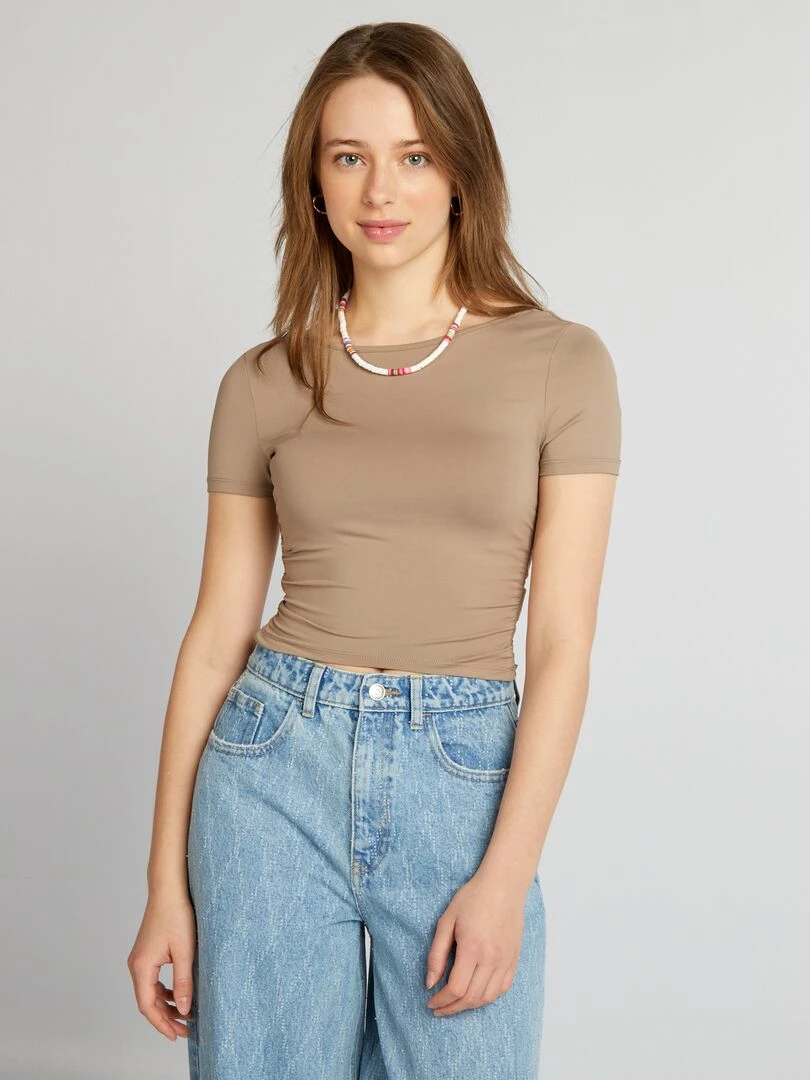 T shirt froncé à dos nu Beige