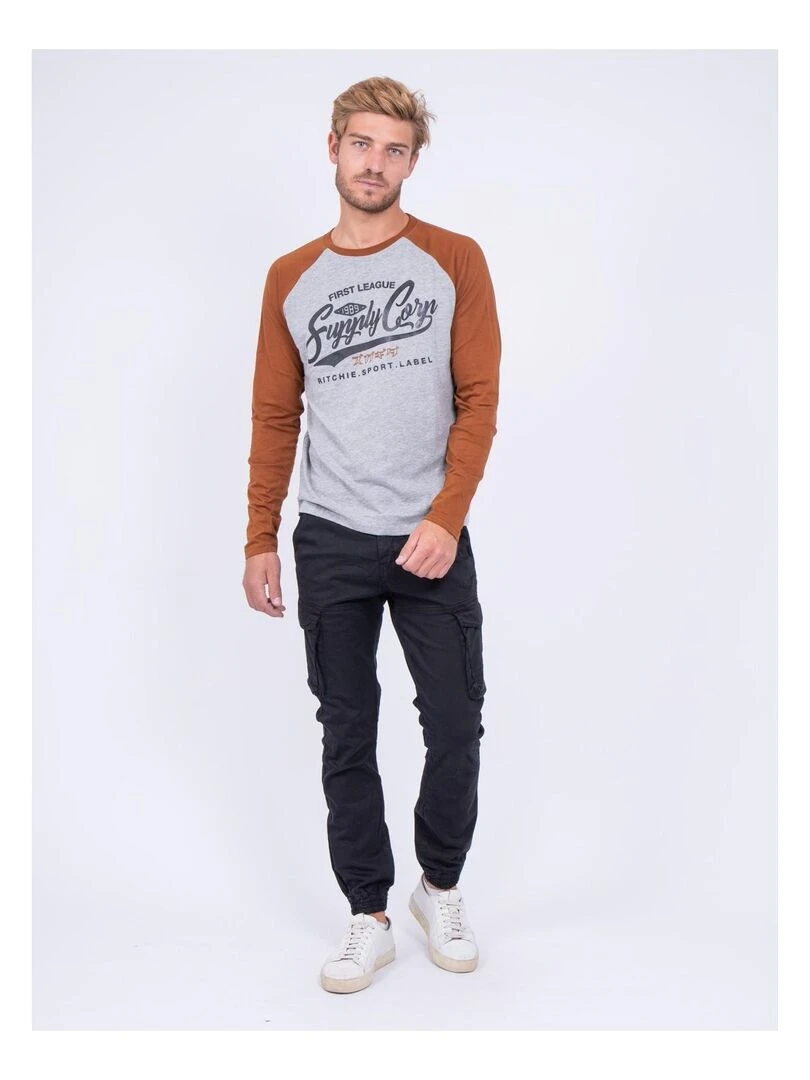 T shirt manches longues col rond pur coton JANDAT   Marron