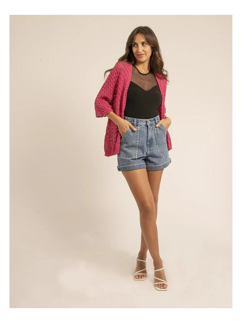 Gilet mi long ouvert KANONA   Rose fushia