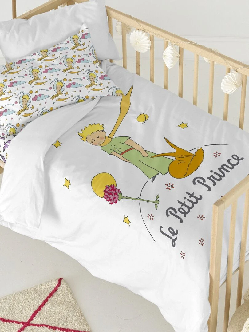 Parure housse de couette 2 pièces Ses amis Berceau "Happyfriday" Blanc Jaune