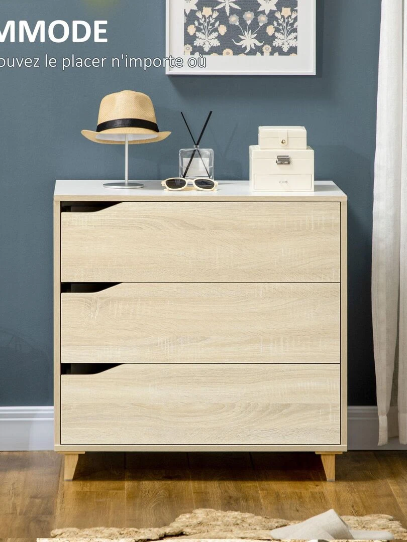 Commode design scandinave 3 tiroirs blanc aspect bois clair   Beige