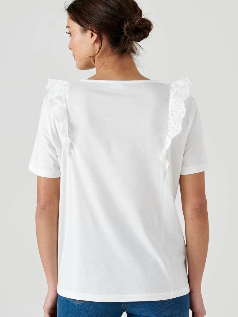 T shirt bi matière broderie anglaise   Damart   Blanc Ecru Blanc