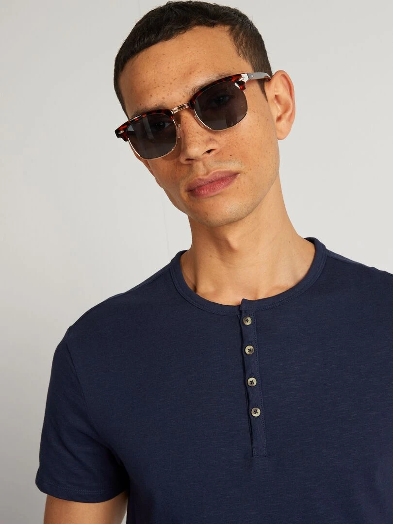 T shirt en jersey à col mao   Bleu nuit