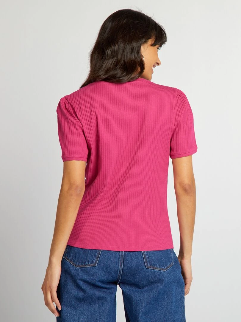 T shirt côtelé à col plongeant   Fuschia