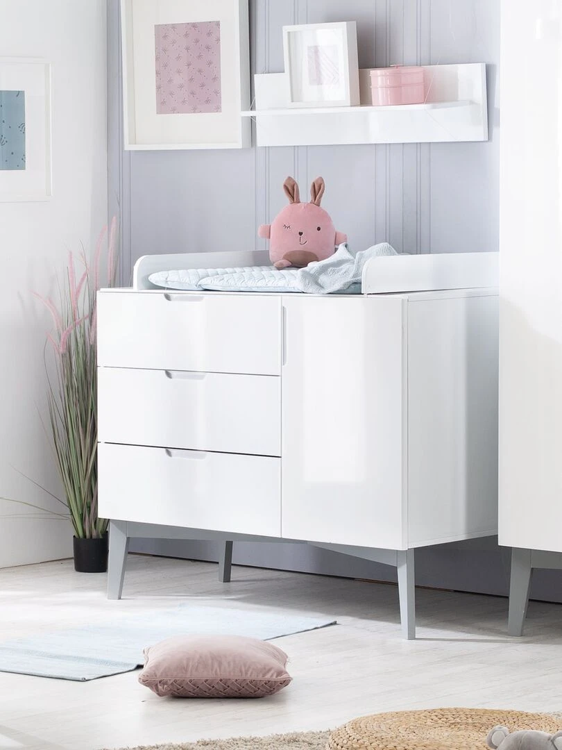 ROBA Commode à Langer "Retro 2" avec Plan à Langer Amovible Blanc à Haute Brillance Pied Rétro Blanc