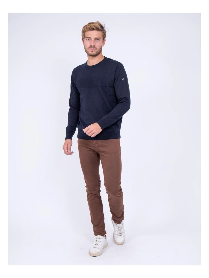 Pull col rond pur coton LION   Bleu marine