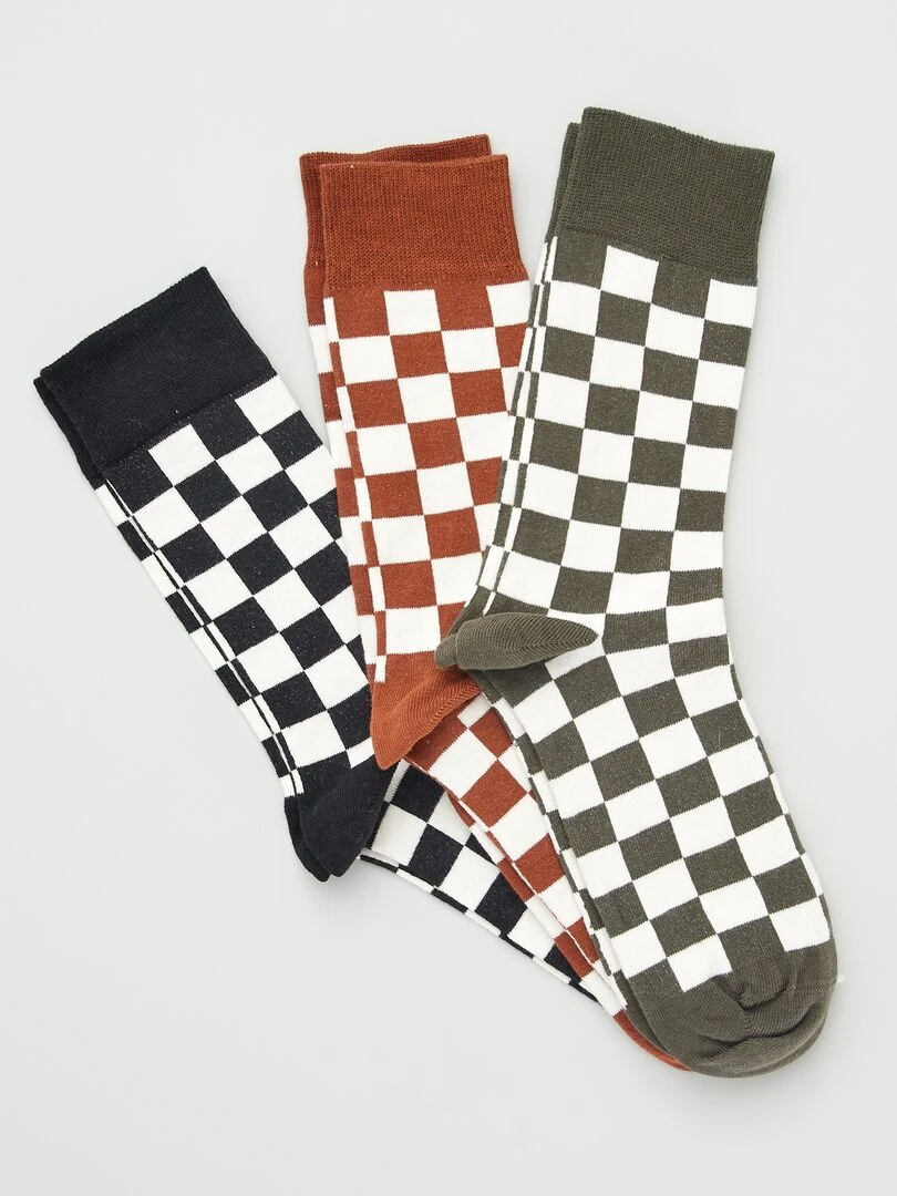 Lot de 3 paires de chaussettes imprimé 'damier' Marron/noir/gris