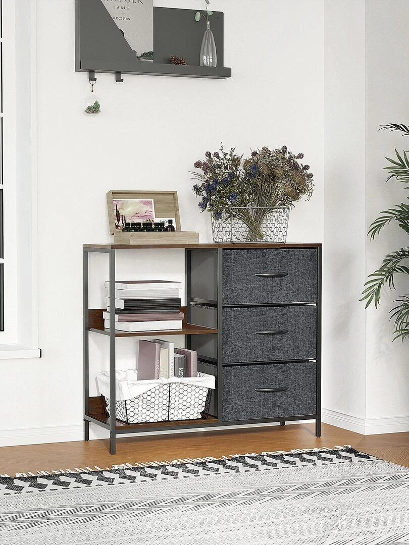 Commode design 3 tiroirs 2 étagères métal MDF non tissé Marron