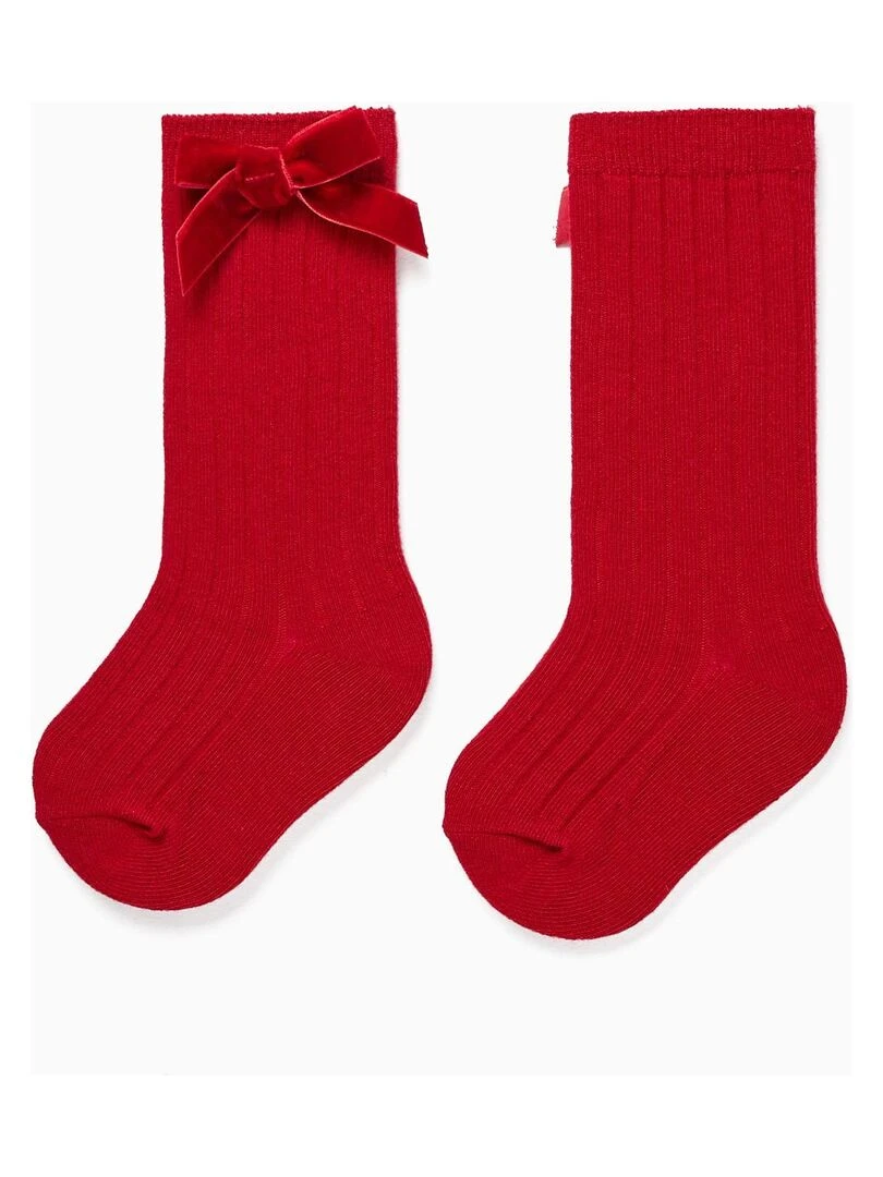 Chaussettes hautes avec nœud en velours pour bébé fille NOËL Rouge foncé