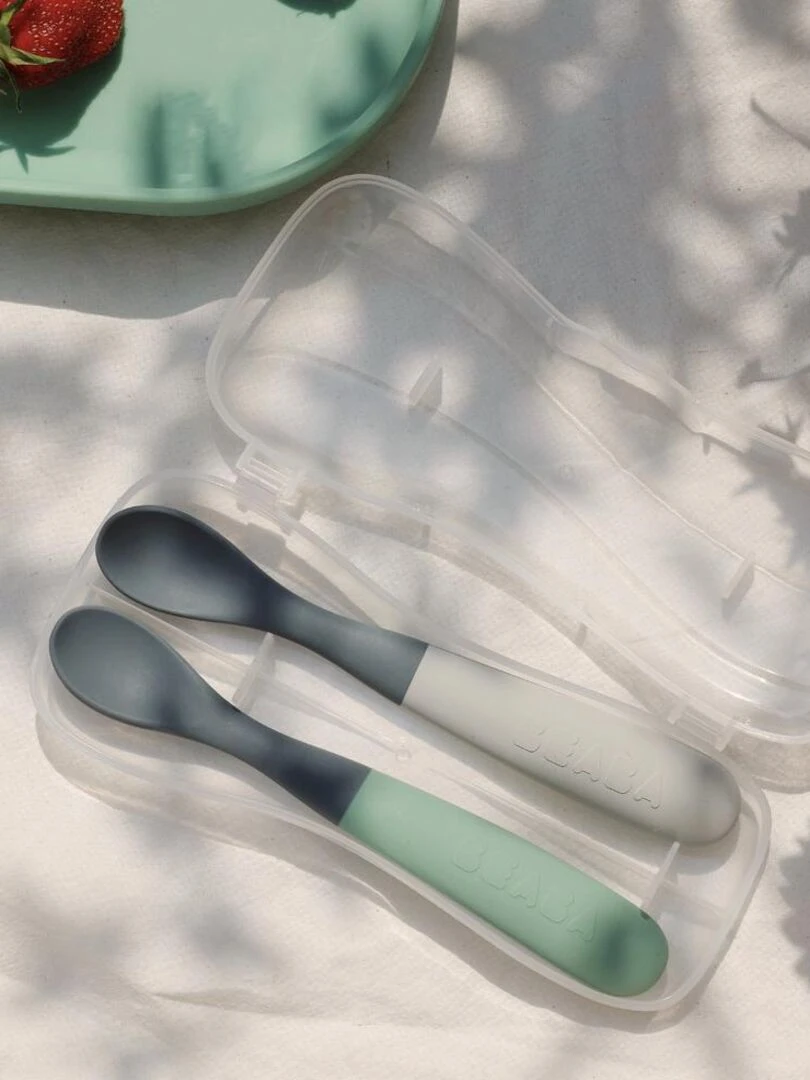 Lot de 2 cuillères 1er âge silicone bi ton mineral/sage g   (avec boite de transport)   Gris