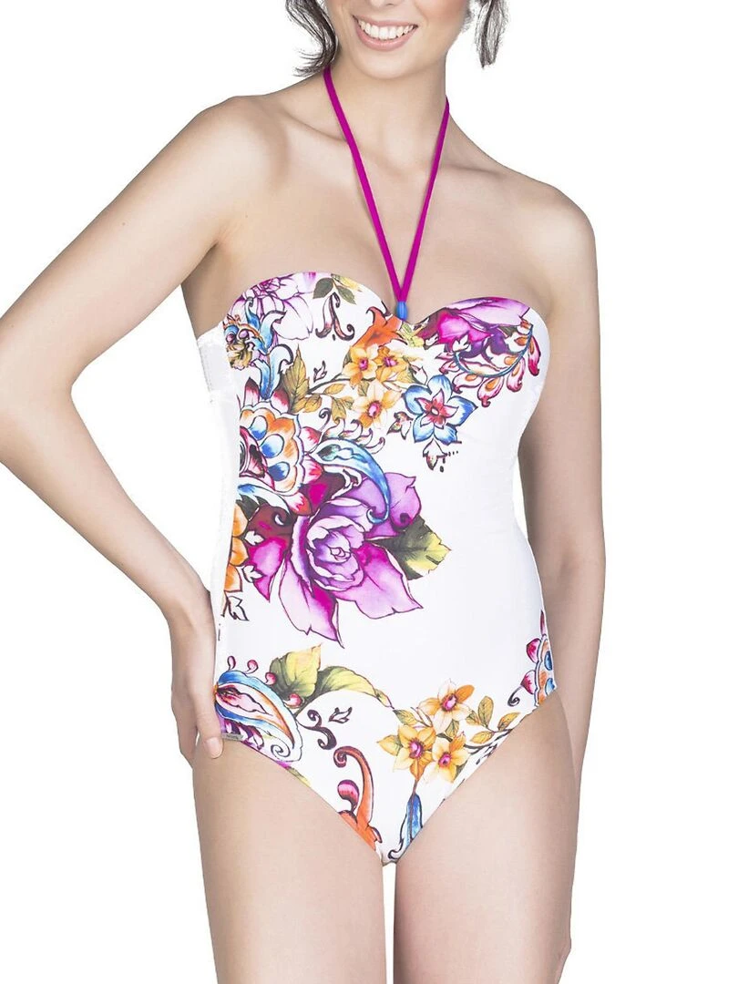 Maillot de bain 1 pièce bustier Flores Blanc