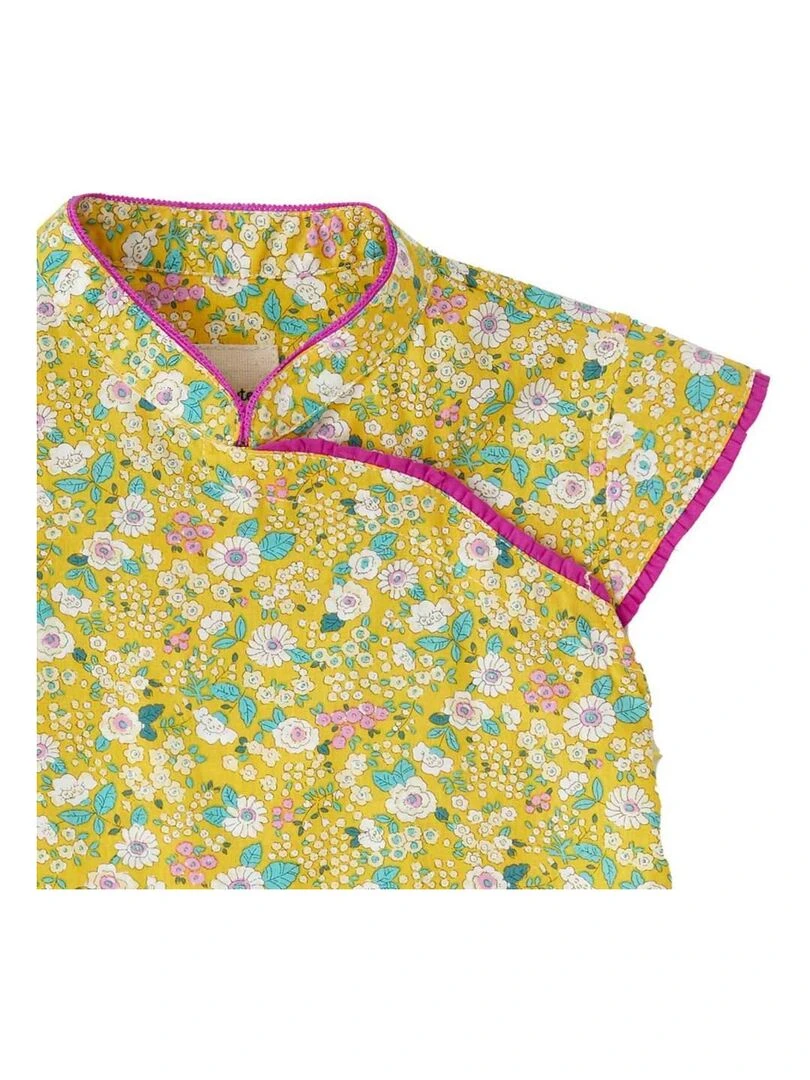 Robe Chinoise Fille  Jaune Fleurie Rose  Col Mao  ANNAM   La Faute à Voltaire   Jaune
