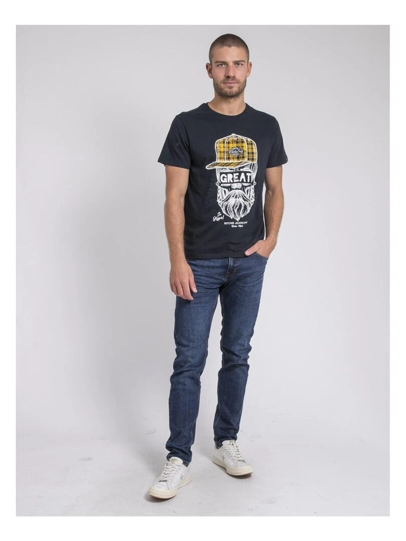 T shirt col rond pur coton JAMYTH   Bleu marine