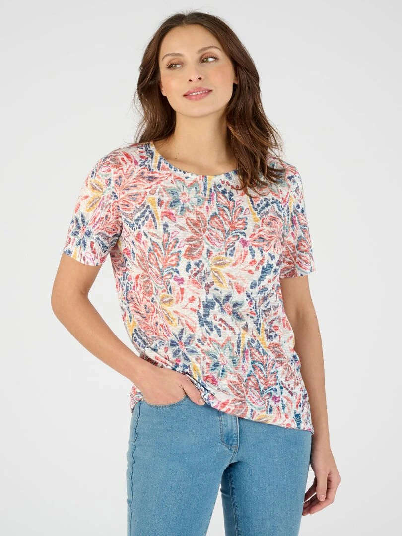 Tee shirt manches courtes maille dévorée imprimée Damart Blanc