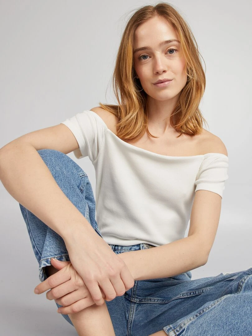 T shirt bardot en maille cotelée blanc
