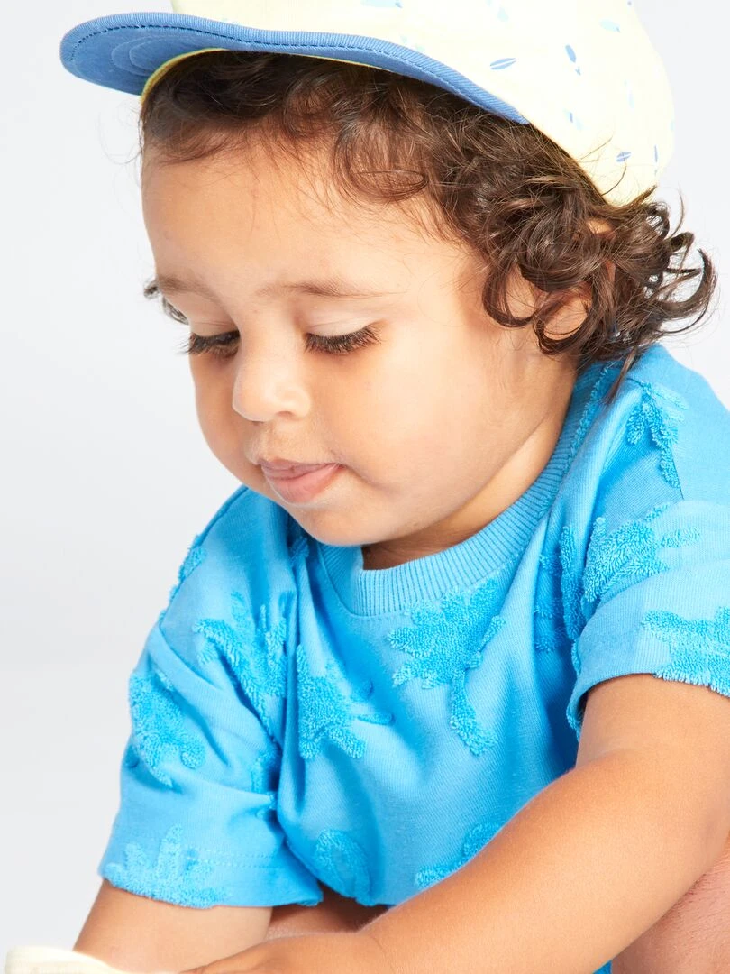 T shirt manches courtes avec motif maille bouclette Bleu