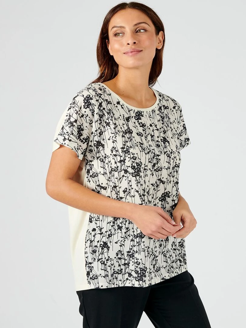 Tee shirt bimatière imprimé feuillages.   Damart   Beige