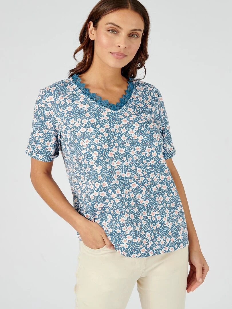 Tee shirt imprimé détails dentelle Damart Bleu