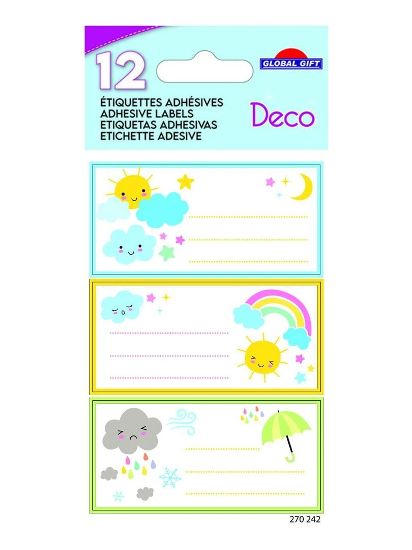 12 étiquettes adhésives scolaires Rectangle Météo Dorures N/A