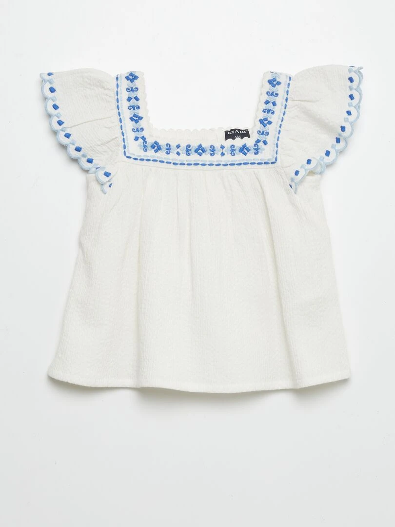 Blouse manches courtes en seersucker Beige