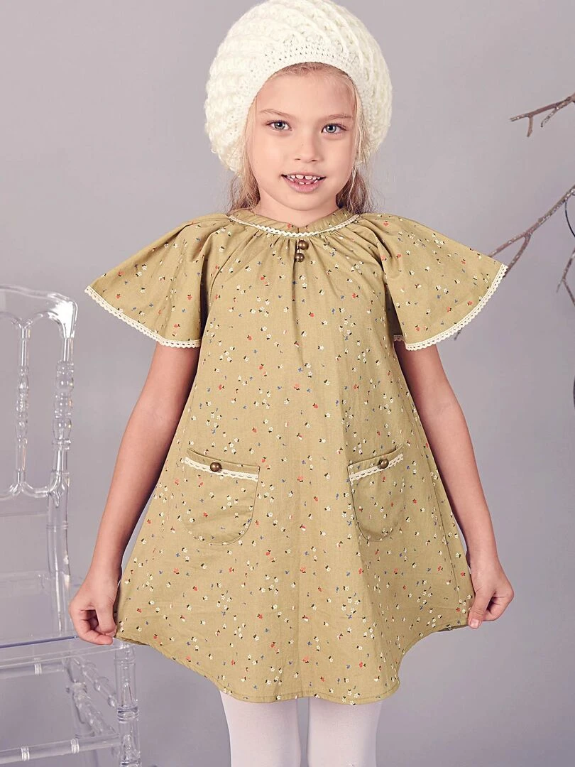 Robe Intersaison Manches Papillon Fille Kaki Fleuri BUTTERFLY 'LA FAUTE A VOLTAIRE' Vert kaki