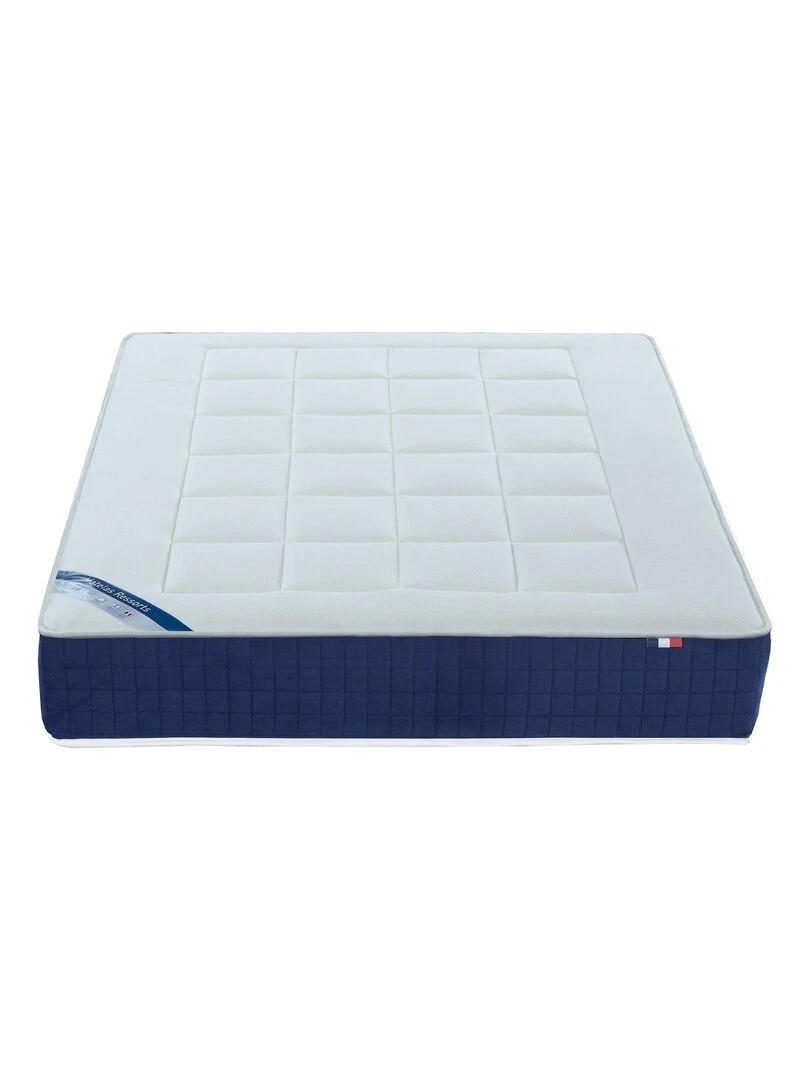 Matelas Ressort 5 zones + mémoire de forme ALBA Fabriqué en France Dimensions 160 x 200 cm Blanc Bleu