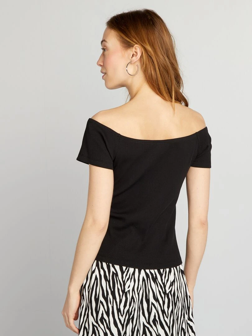 T shirt bardot en maille cotelée   noir