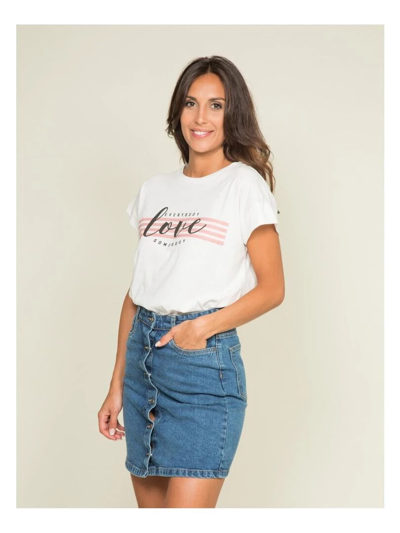 T shirt col rond message FODY Blanc
