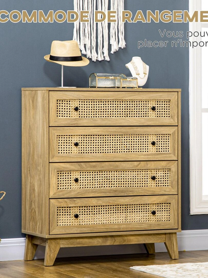 Commode 4 tiroirs style bohème rotin aspect bois manguier   Beige