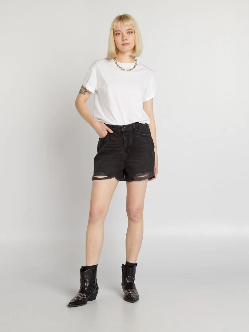 Short en jean destroy à taille haute Noir