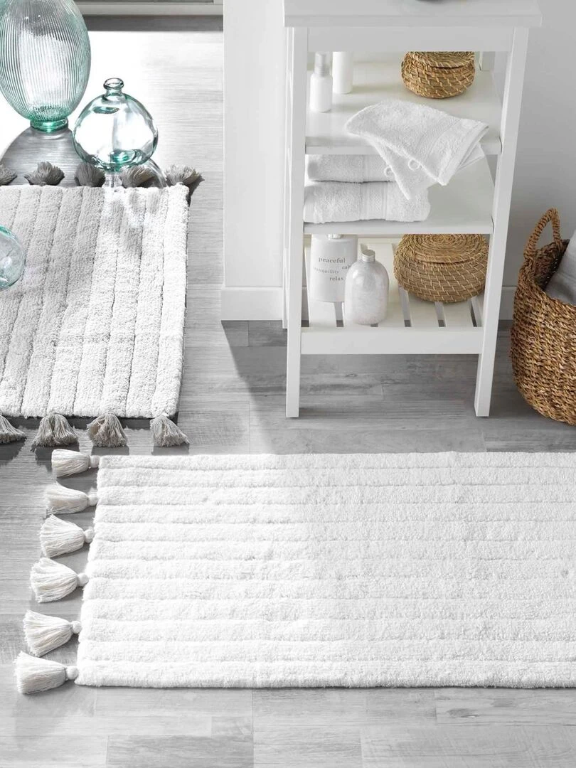 Tapis de bain uni et à pompons Blanc