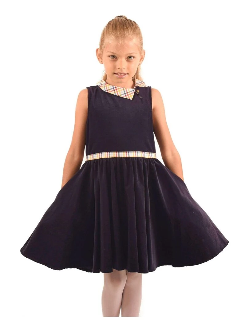 Robe qui Tourne Fille Velours Bleu Marine Col Claudine HEPBURN 'LA FAUTE A VOLTAIRE' Bleu marine
