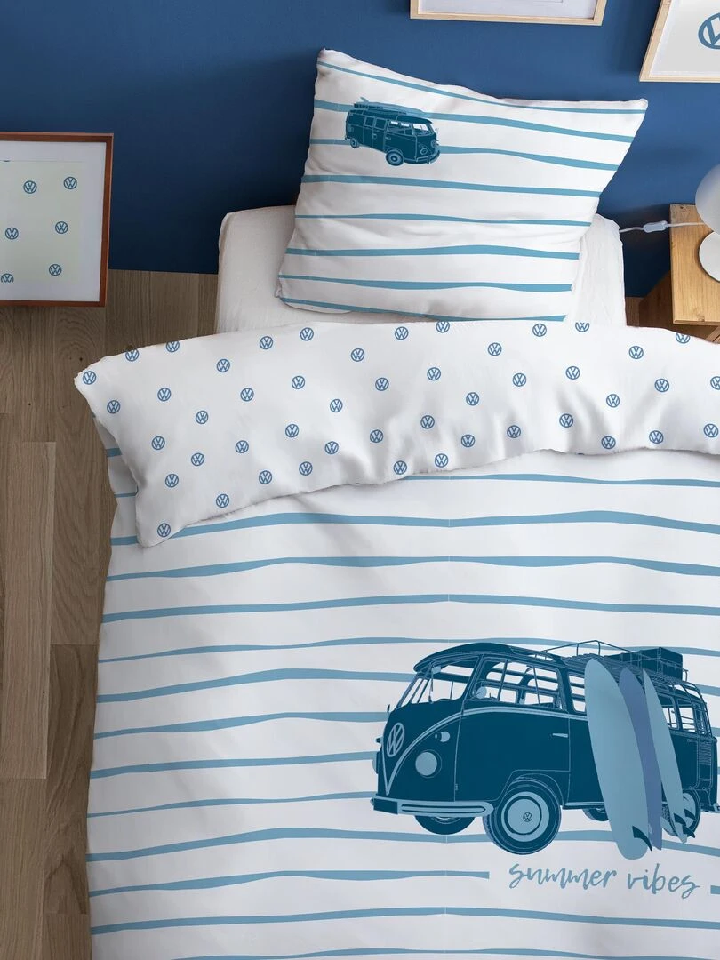 Parure de lit imprimée 100% coton VOLKSWAGEN VIBES Blanc Bleu