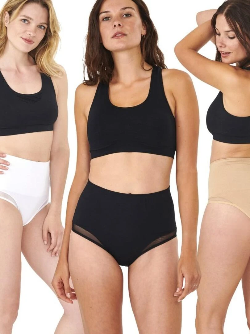 3 culottes ceinture minceur en résille So'Slim pour femme Noir Beige Blanc
