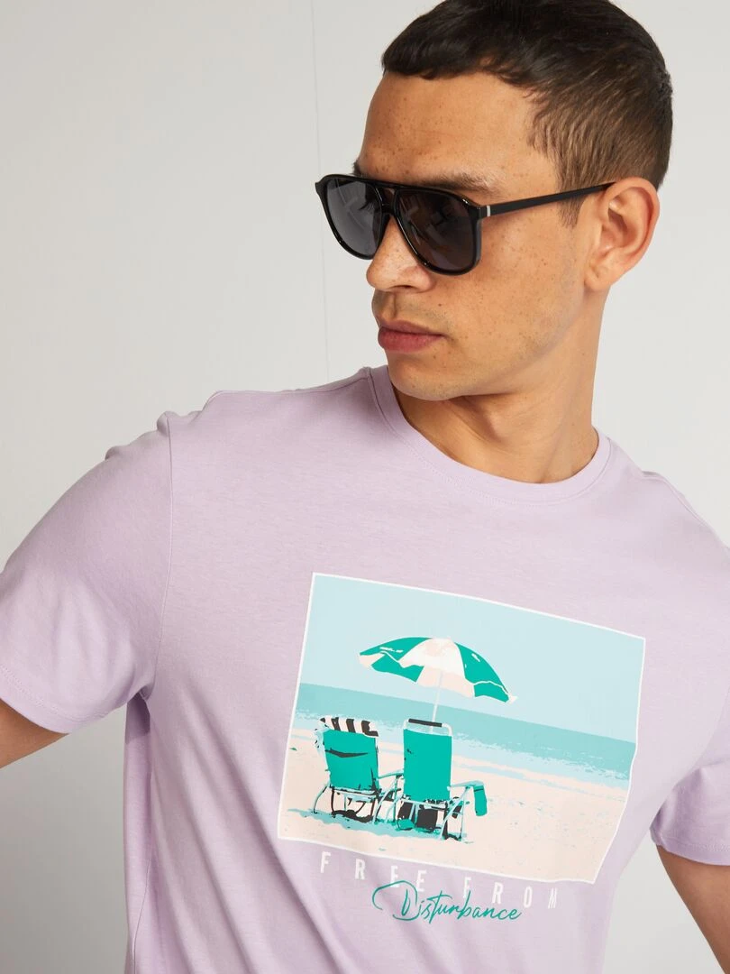 T shirt en coton imprimé à col rond   Violet