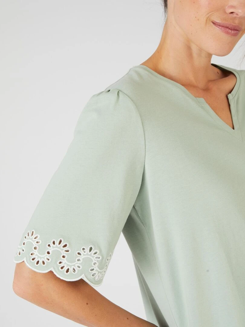 Tee shirt imprimé détails brodés. Damart Vert jade