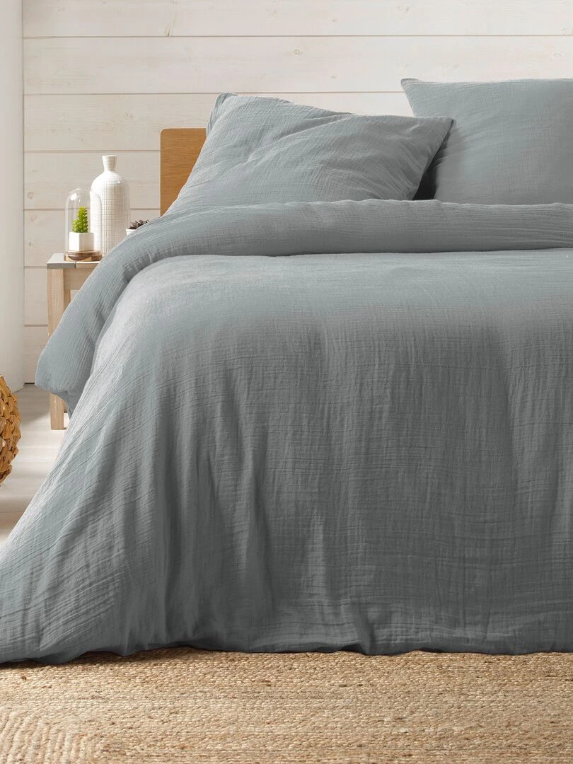 Housse de couette + 2 taies Gaze de coton Collection Couleurs Gris