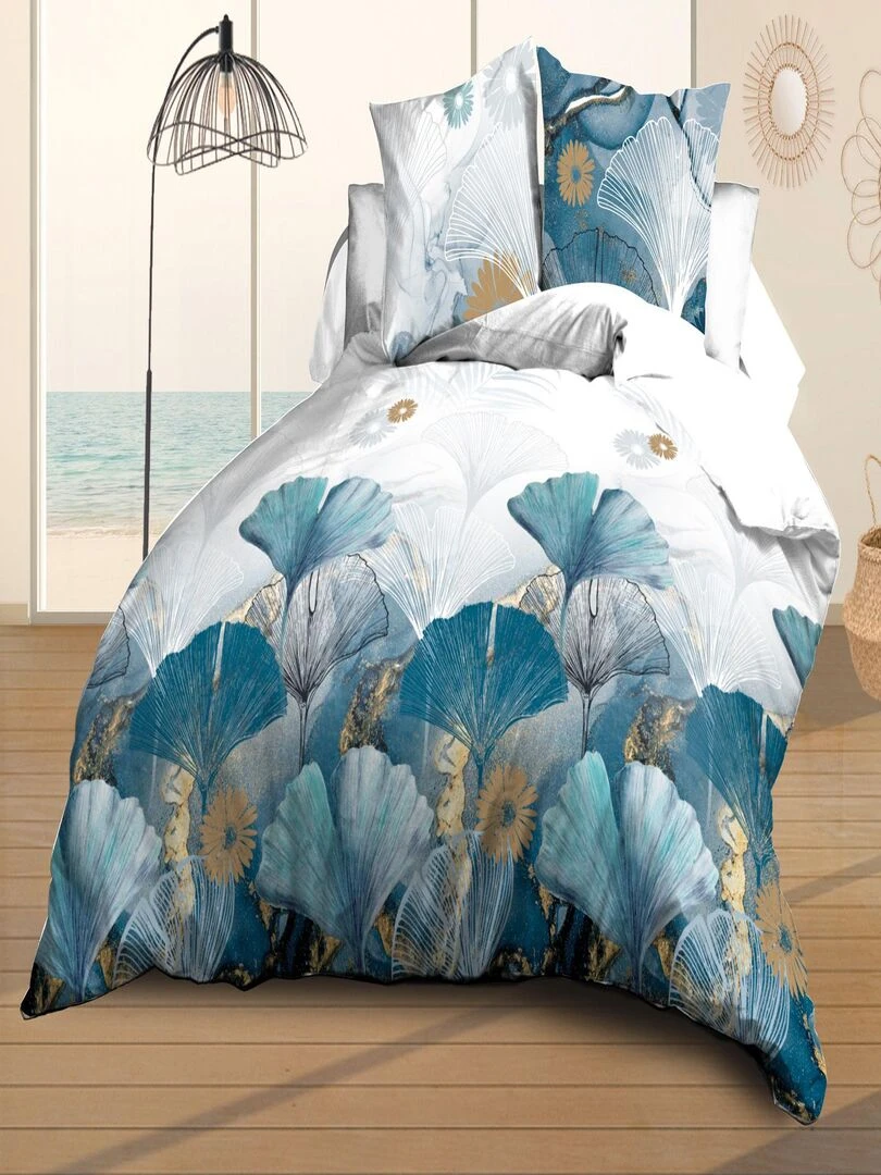 Parure Drap plat + drap housse 140x190 + 2 Taies Microfibre Entretien Facile Ginko Bleu Doré Blanc