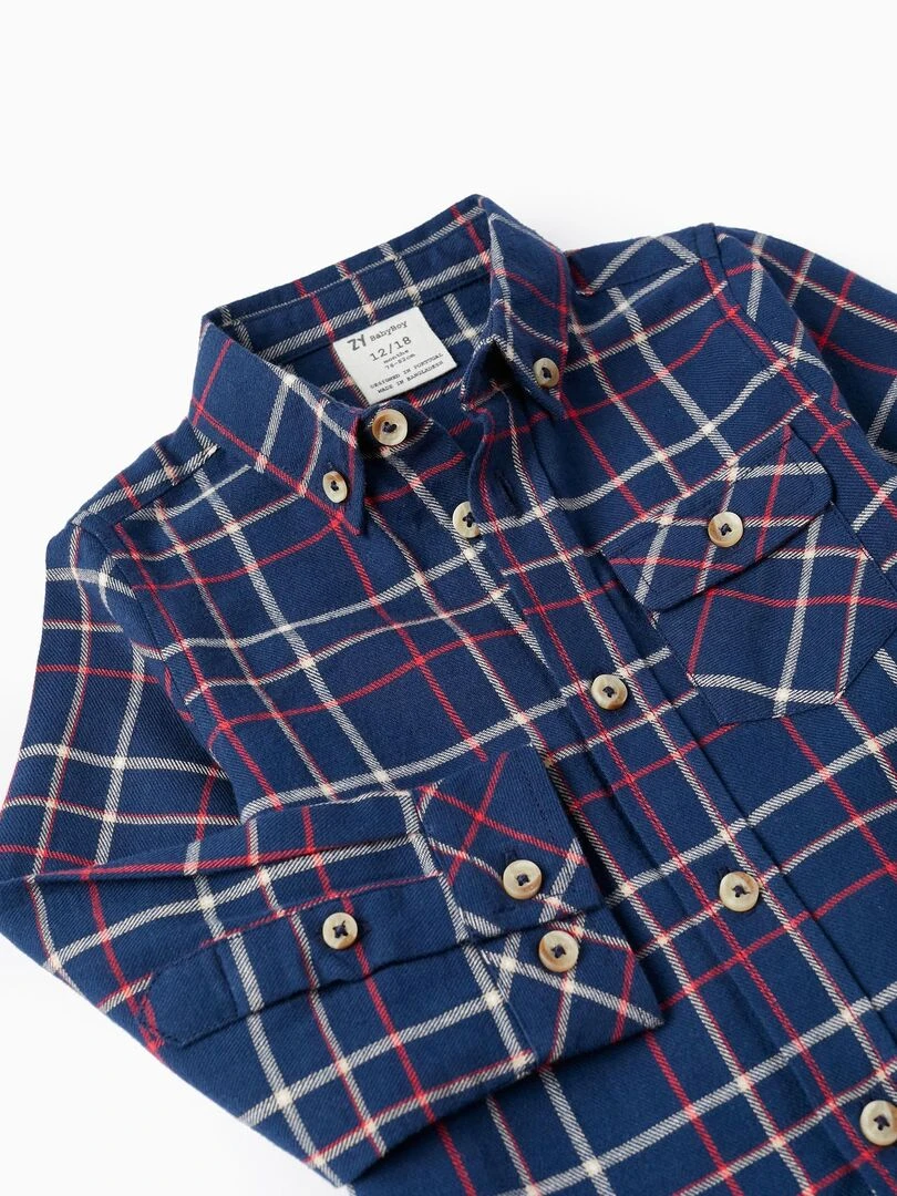 Chemise à carreaux en coton pour bébé garçon manches longues  NOËL   Bleu foncé