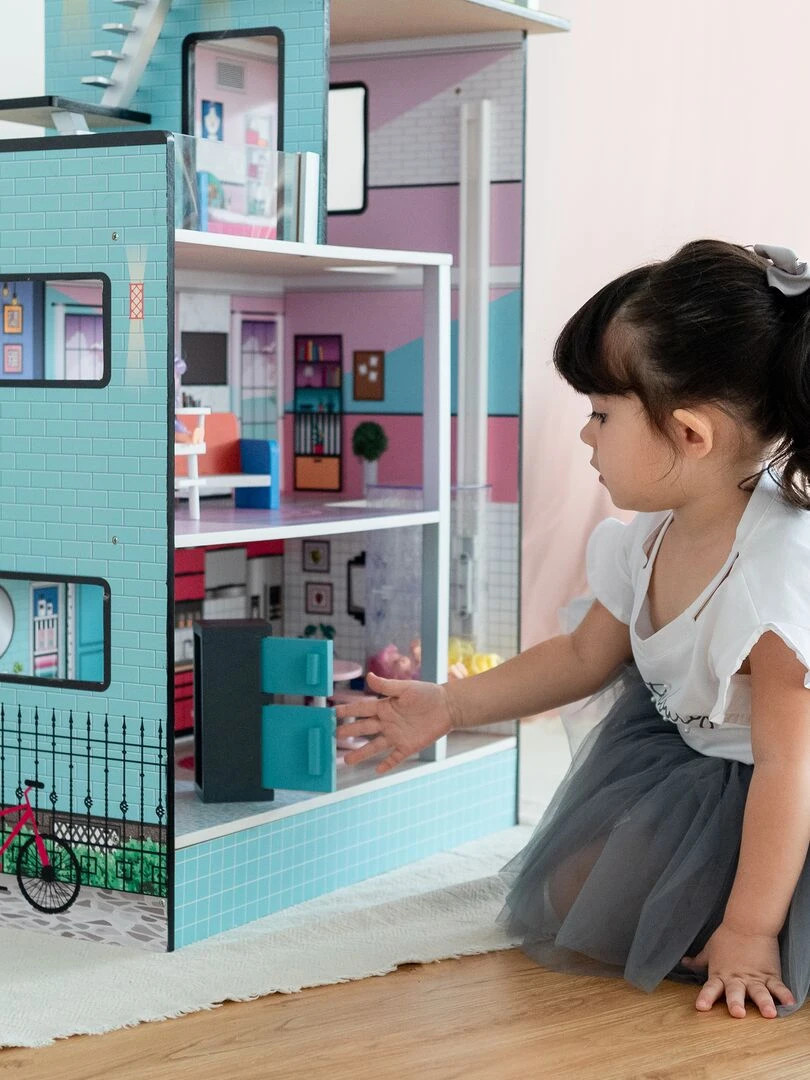 Maison de poupée bois enfant fille mini poupée miniature 9cm turquoise/noir Olivia's Little World N/A
