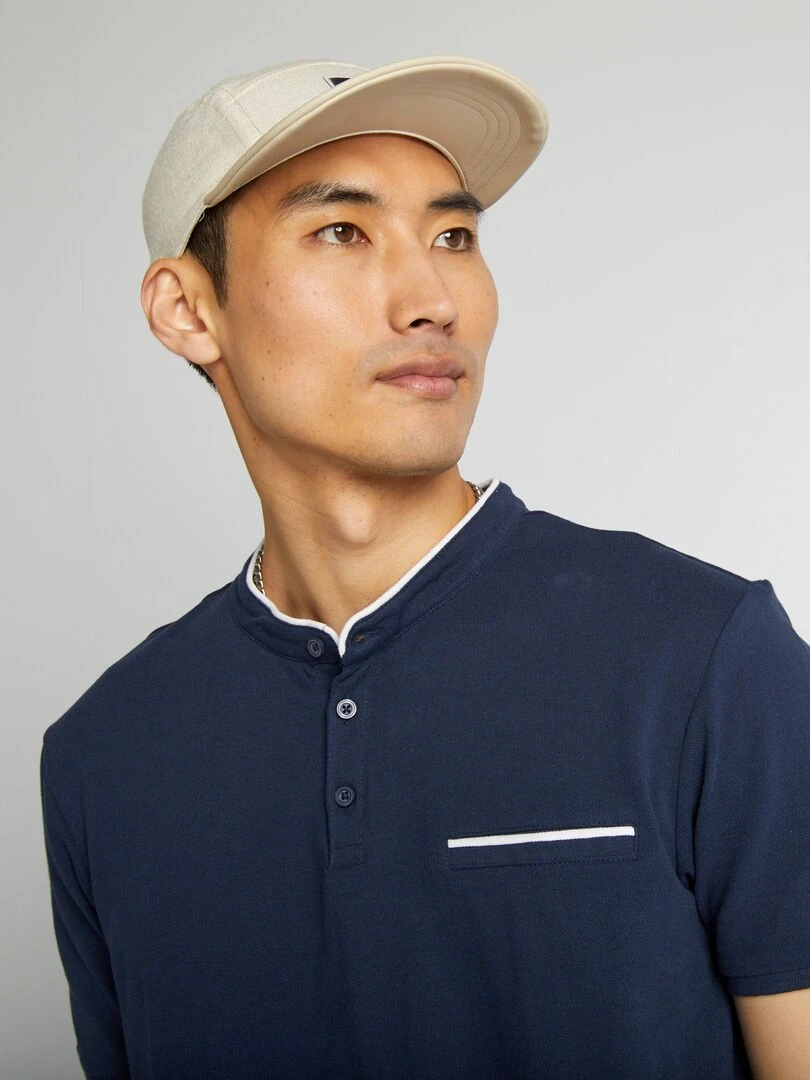 Polo à col mao en piqué de coton   Bleu marine