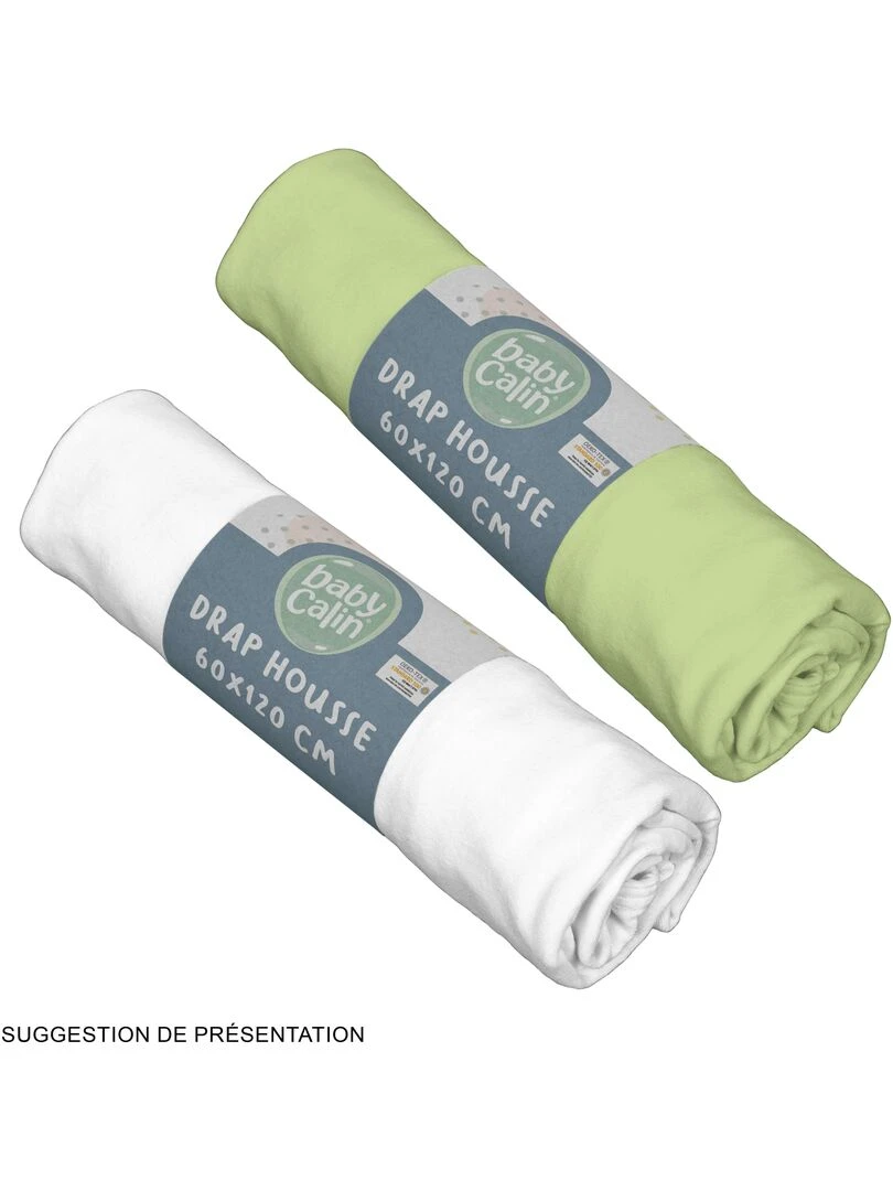 Lot de 2 draps housses en coton 60x120 cm Blanc + Vert Vert
